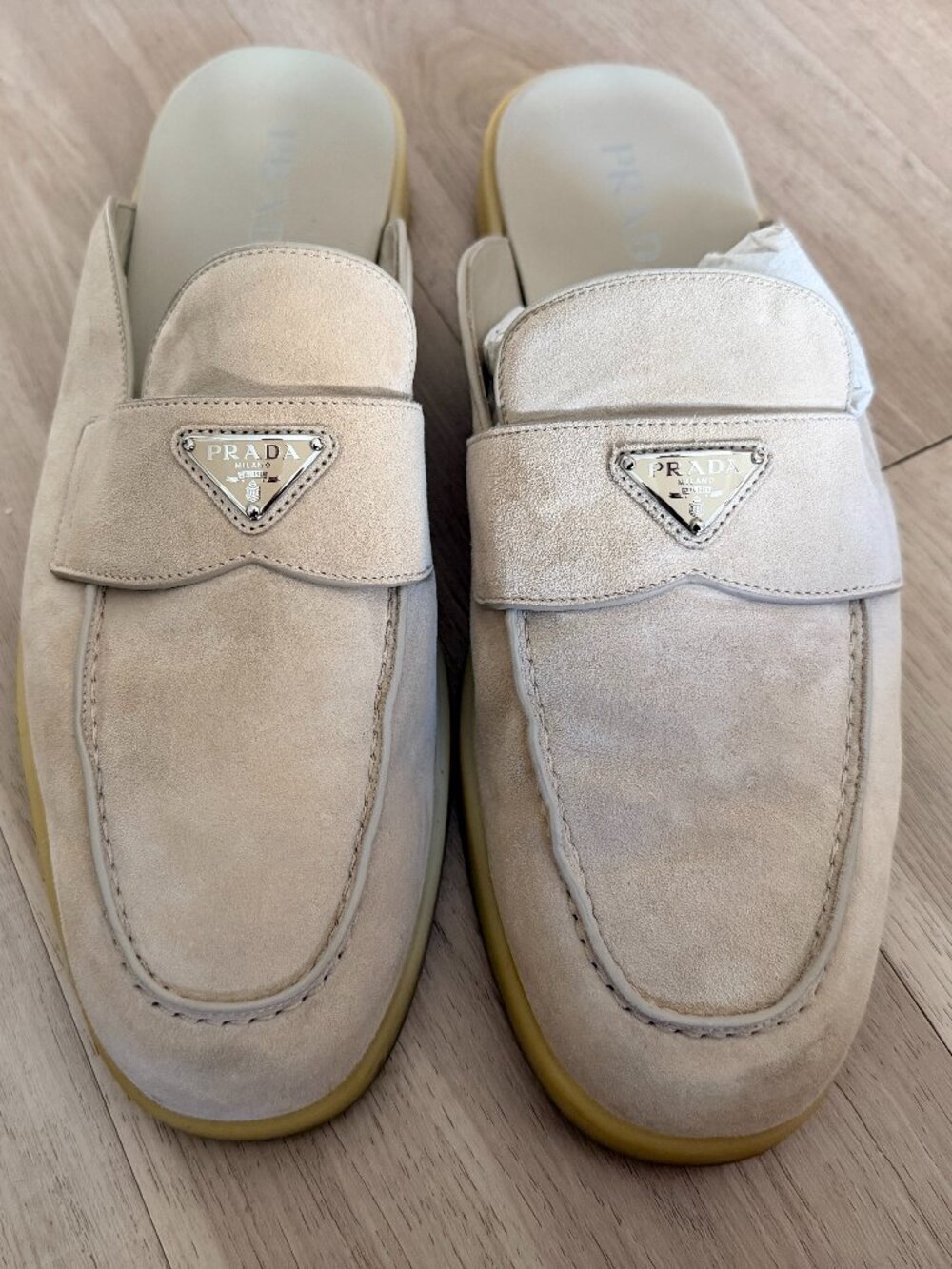 PRADA Calfskin Ecru Suede Mules Size 12 (FITS LIKE 13)